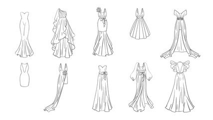 A set of different dresses. Modern and classic style. Dresses for prom, gala evening, wedding, masquerade, points. 