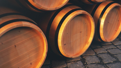 Wine, whiskey, rum, beer, barrels backgorund. Alcoholic drink in wooden barrels such as wine, cognac, rum, brandy, 3D illustration