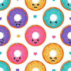 kawaii Cute Pastel donuts Sweet summer desserts with Funny Faces cartoon Seamless pattern with different types on White Background for cafe or restaurant. illustration Vector.