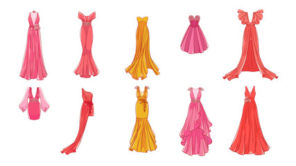 A set of different dresses. Modern and classic style. Dresses for prom, gala evening, wedding, masquerade, points. 