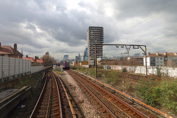Fototapeta na wymiar Photo from DLR train rails in Canary Wharf business district, London, United Kingdom