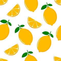 lemon slices seamless pattern on white background. Fruit citrus. Elements for menu. Vector illustration.