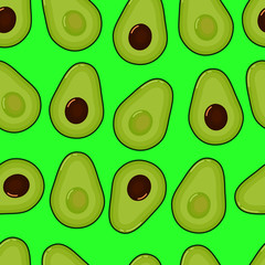 Fresh avocado slices seamless pattern on green background. Fruit citrus. Organic food. Elements for menu. Vector illustration.