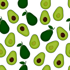 Fresh avocado slices seamless pattern on white background. Fruit citrus. Organic food. Elements for menu. Vector illustration.