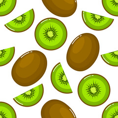 kiwi Seamless pattern and slices. fruit summer on white background. Elements for menu. Vector illustration.