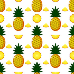 Pineapple Seamless pattern and slices. Summer fruit summer on white background. Elements for menu. tropical textile print. Vector illustration.