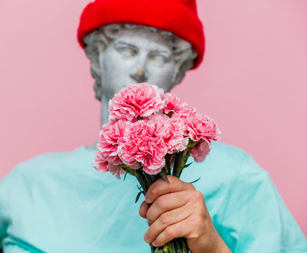 Antique Bust Of Male In Hat With Carnations Bouquet