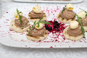 Toast with pate, snack on a plate and light background, copy space.