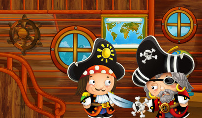cartoon scene with pirate ship cabin interior with pirate boy sailing through the seas - illustration for children