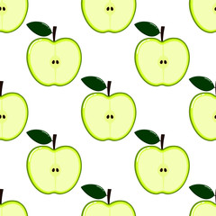 green Apple Seamless Pattern and slices. fruit summer on white background. Elements for menu. poster, textile, greeting card design. Vector illustration.