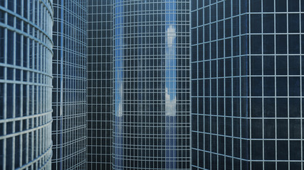 Front view of skyscrapers. Skyscrapers looking front view. Front view of modern skyscrapers in business district in daylight. Business concept of success, 3D illustration