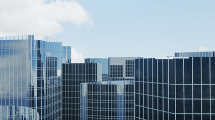 Front view of skyscrapers. Skyscrapers looking front view. Front view of modern skyscrapers in business district in daylight. Business concept of success, 3D illustration