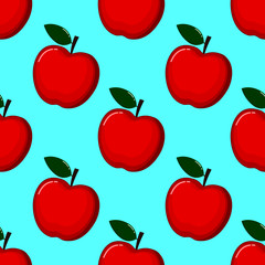 red Apple Seamless Pattern and slices. fruit summer on blue background. Elements for menu. poster, textile, greeting card design. Vector illustration.