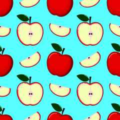 red Apple Seamless Pattern and slices. fruit summer on blue background. Elements for menu. poster, textile, greeting card design. Vector illustration.