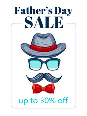 Happy Father s day sale offer. Elegant poster with gentleman retro face with mustaches, bowler fedora hat, glasses, bow. Sketch drawing with typography text for Dad sale. Isolated on white background