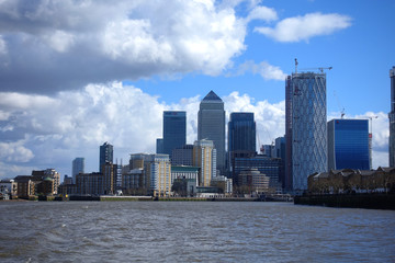 Fototapeta premium Photo of skyscraper complex in iconic Canary Wharf business district area, London, United Kingdom