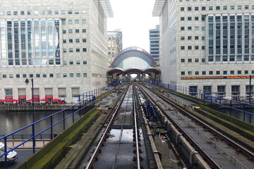 Fototapeta premium Photo from DLR train rails in Canary Wharf business district