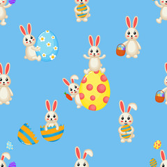 Happy Easter cute seamless pattern of lovely rabbits. bunny and egg. textile, wrapping, wallpapers. isolated on blue background.