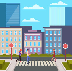 People pedestrians crossing street. City town urban scene concept. Vector design graphic flat cartoon isolated illustration