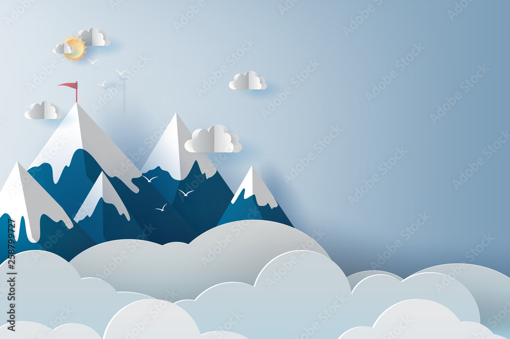 Wall mural illustration of landscape and cloud mountains and birds on blue sky.creative design paper cut and cr