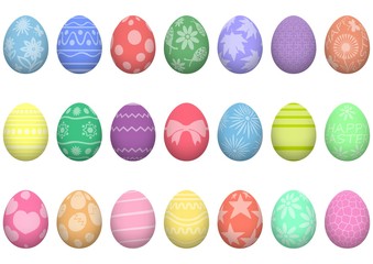Easter. Set of colorful realistic Easter eggs with patterns. Decoration for the holiday. Isolated on white background. Vector illustration. EPS10