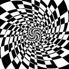 Abstract Black and White Geometric Pattern with Squares. Checkered Optical Psychedelic Illusion. Spiral Tunnel. Raster. 3D Illustration