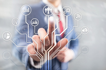 Business applications icons on blurred background. Financial and trading. Internet technology concept.