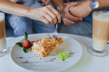 Delicious bright Napoleon Cake in the cafe