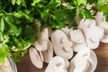 Fototapeta premium Cooking time. Slice of organic mushrooms on the table.