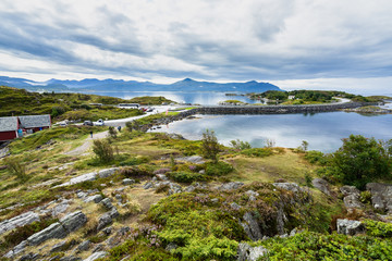 Fototapeta na wymiar Landscape of the iconic Atlantic Road (Atlanterhavsveien) viewed from one of the small islands connected by a causeway, More og Romsdal, Norway