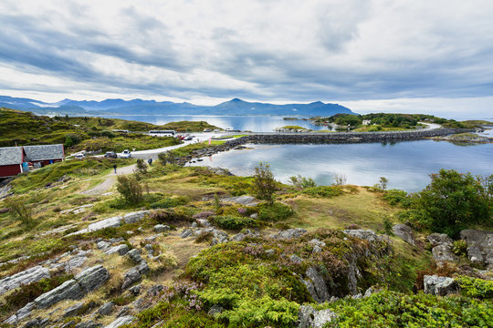 Landscape of the iconic Atlantic Road (Atlanterhavsveien) viewed from one of the small islands connected by a causeway, More og Romsdal, Norway