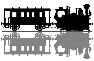 The black silhouette of a vintage small steam locomotive and the passenger wagon