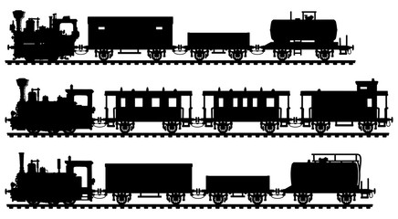 The black silhouettes of three vintage steam trains
