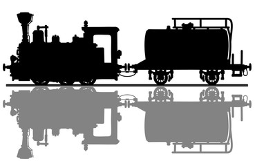The black silhouette of a vintage small steam locomotive and the tank wagon © vostal