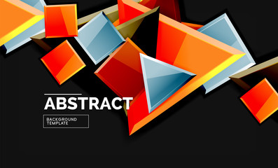 Glossy mosaic style geometric shapes - squares and triangles on black