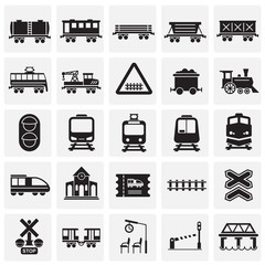 Railroad related icons set on squares background for graphic and web design. Simple vector sign. Internet concept symbol for website button or mobile app. - 258806395