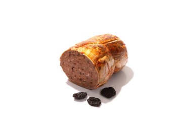 Roast with raisins, sweet cured meat on a white background.