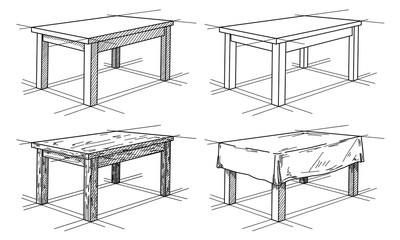 Realistic sketch of different tables in perspective. Table set. Vector