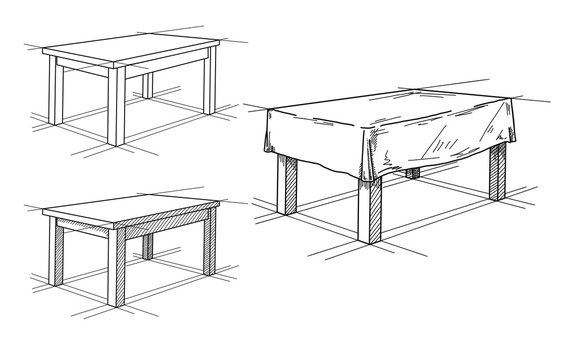 Realistic sketch of different tables in perspective. Table set.