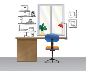 Office chair, desk, various objects on the table. Workspace in flat style. Vector