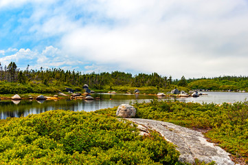 Fototapeta na wymiar View of Peggy Cove preservation areas, along Highway 333 and coastline St. Margaret Bay in Nova Scotia, Canada 