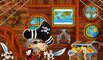 cartoon scene with pirate ship cabin interior with treasure sailing through the seas - illustration for children