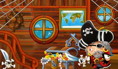 cartoon scene with pirate ship cabin interior with treasure sailing through the seas - illustration for children