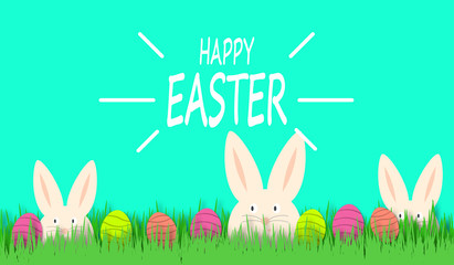 Happy Easter background with funny white rabbit and easter eggs. Easter cute bunny in green grass. Festive decoration.