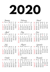 Calendar for 2020 isolated on a white background