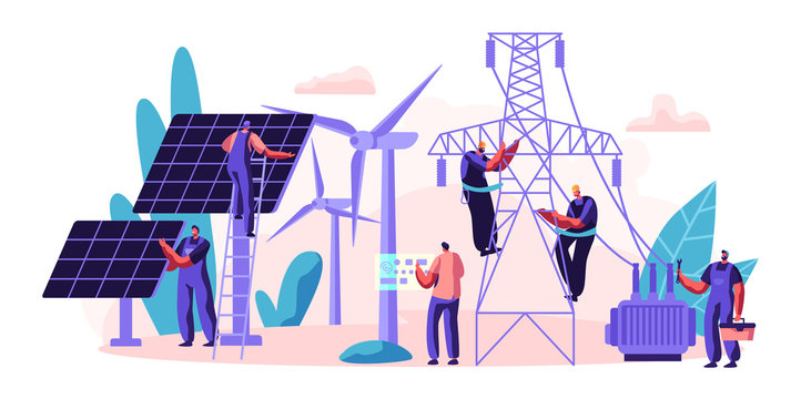 Electrical Utility Delivery Of Energy To Consumer. Electricity Transmission And Distribution. Character Installation Solar Panel And Maintenance Wind Turbine. Flat Cartoon Vector Illustration