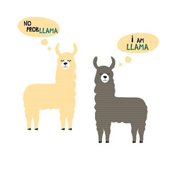 Set of two decorated lamas.  Cute cartoon poster with adorable characters.  Standing animal carry on a dialogue. No probllama - I am llama. l