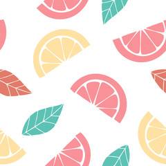 Seamless pattern with slices of citrus  Graphic drawing of orange, lemon and leaves. Tropical background.
