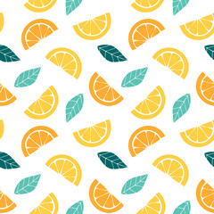 Seamless pattern with slices of citrus  Graphic drawing of orange, lemon and leaves. Tropical background.