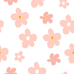 Summer seamless pattern with pink flowers. Floral cartoon printing.